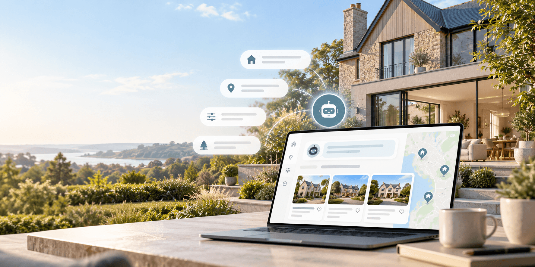 AI-assisted property search interface showing homes, maps and property listings